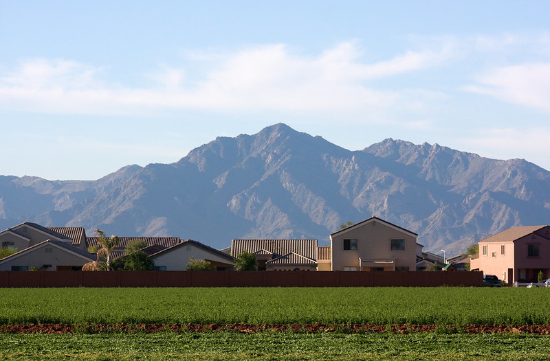 Buckeye, Arizona, land in transition suburb and mountain background