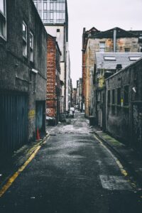 gray and brown houses beside pathway